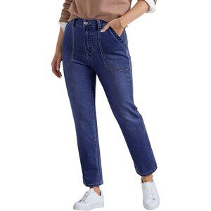 Women Straight Leg Jeans High Waisted Stretchy Denim Ankle Length Pockets